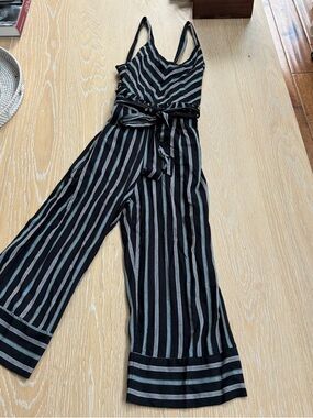 Harper Black and Gray Striped Sleeveless Jumpsuit with Tie Belt